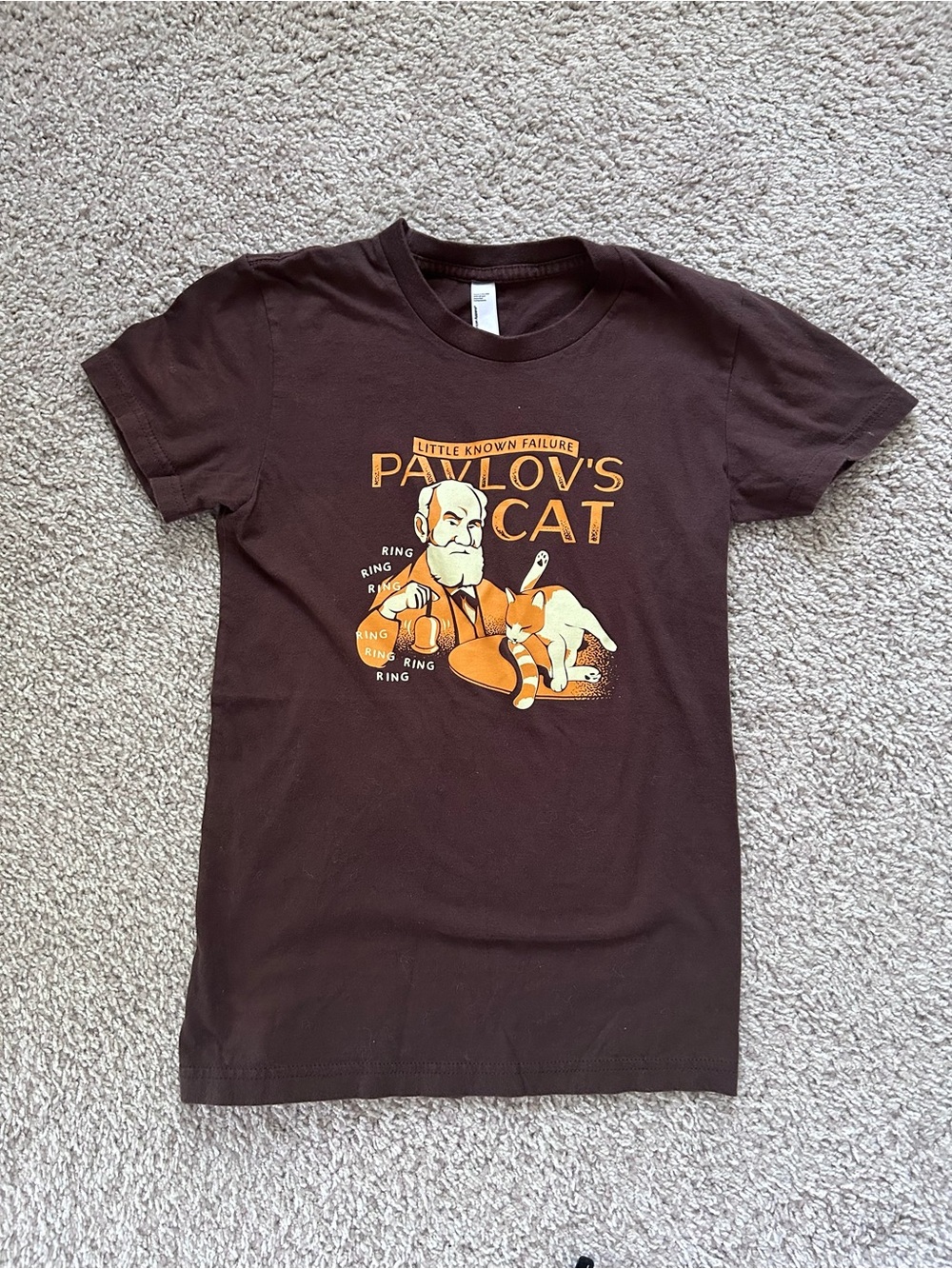 American Apparel Brown Tee with Orange and Cream Pavlov's Cat Graphic